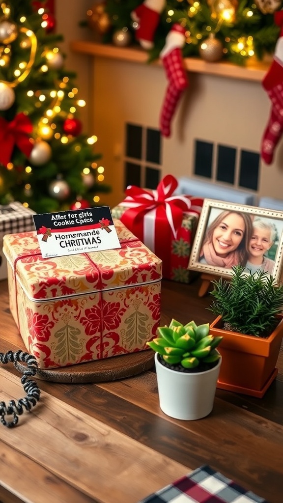Affordable Christmas Gift Ideas A collection of affordable Christmas gifts including cookies, a photo frame, and a potted plant on a festive table.